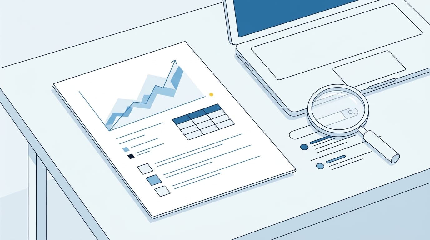 Illustration af en SEO-rapport med graf, tabel og tjekbokse ved siden af en laptop