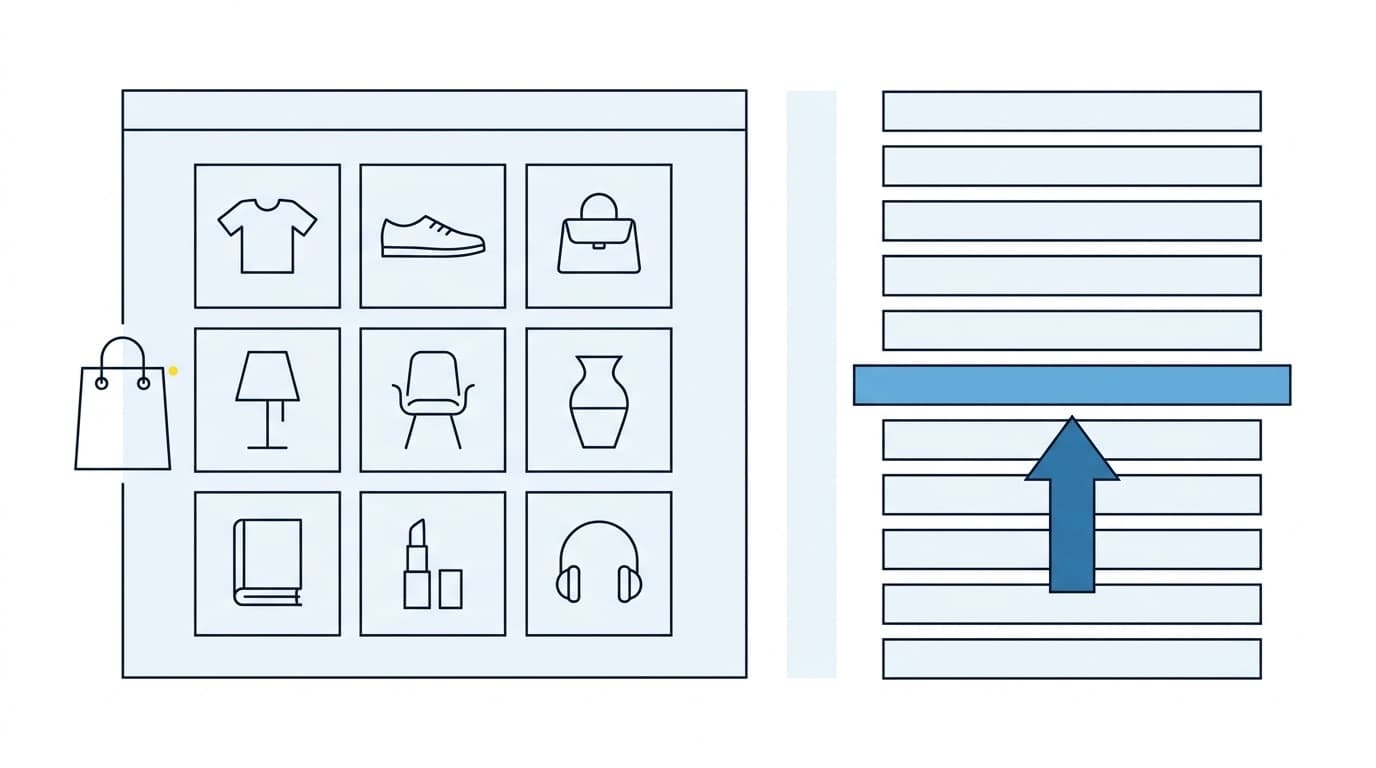 Illustration af en webshop med kategorier og produkter, der stiger i Googles resultater